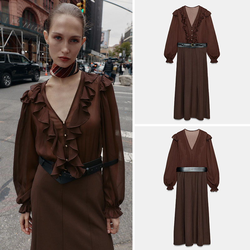 New Ethnic Fashion - Elegant V-Neck Long Sleeve Midi Dress